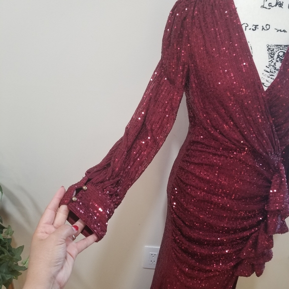 FAERIESTY Sequin Maxi Dress Burgundy Size S. Elegant Burgundy Sequin Gown - Picture 6 of 16